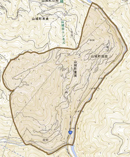 山城町国政とその周辺の地図。町の範囲を重ねている