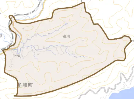 大字辺川とその周辺の地図。町の範囲を重ねている