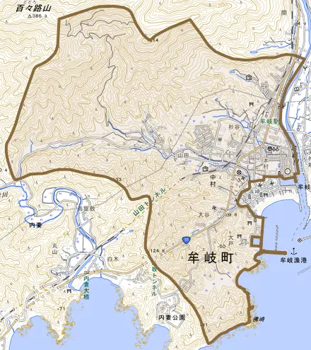 大字中村とその周辺の地図。町の範囲を重ねている