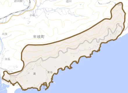大字灘とその周辺の地図。町の範囲を重ねている