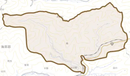 大字橘とその周辺の地図。町の範囲を重ねている
