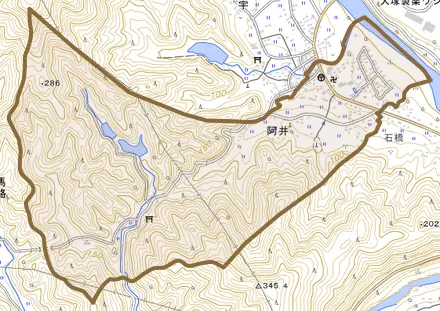 阿井とその周辺の地図。町の範囲を重ねている
