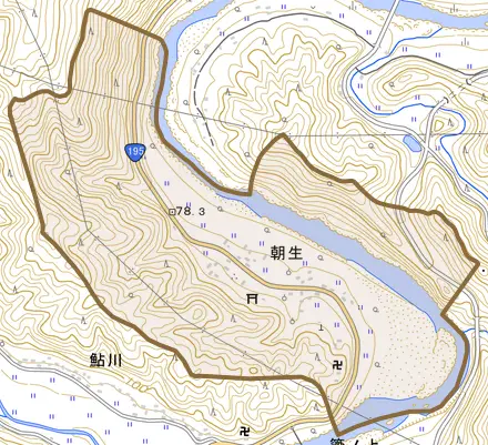朝生とその周辺の地図。町の範囲を重ねている