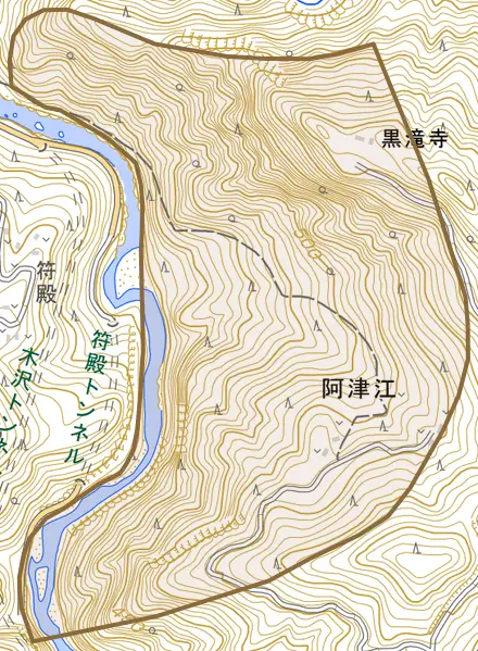 阿津江とその周辺の地図。町の範囲を重ねている