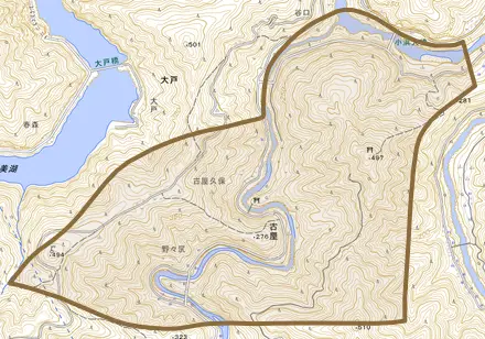 古屋とその周辺の地図。町の範囲を重ねている