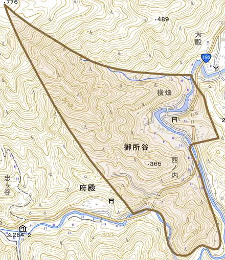 御所谷とその周辺の地図。町の範囲を重ねている