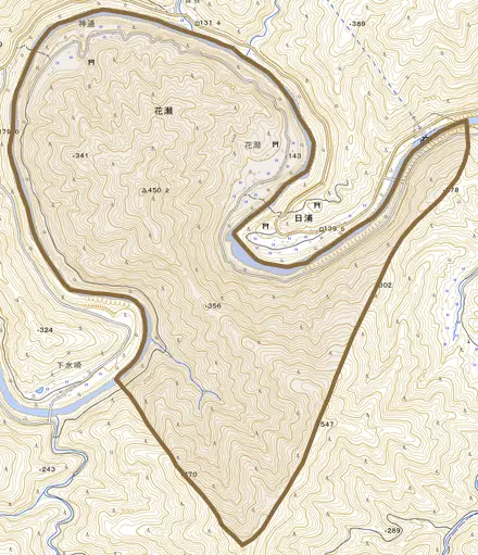 花瀬とその周辺の地図。町の範囲を重ねている