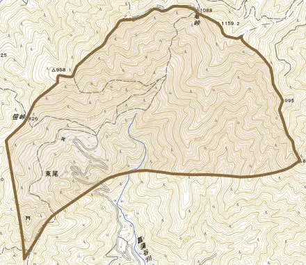 東尾とその周辺の地図。町の範囲を重ねている