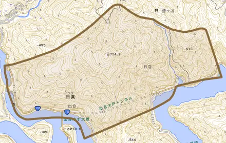 日真とその周辺の地図。町の範囲を重ねている