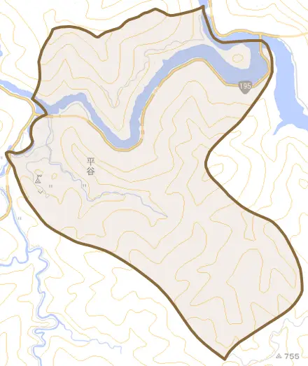 平谷とその周辺の地図。町の範囲を重ねている