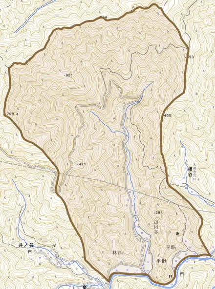 平野とその周辺の地図。町の範囲を重ねている