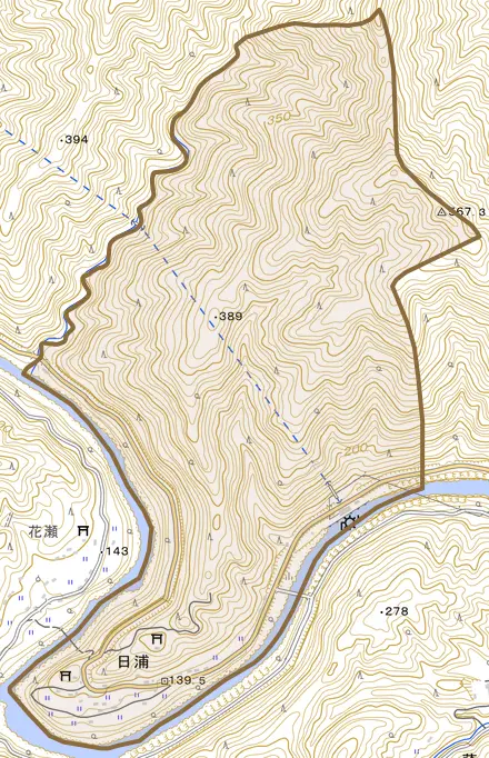 日浦とその周辺の地図。町の範囲を重ねている