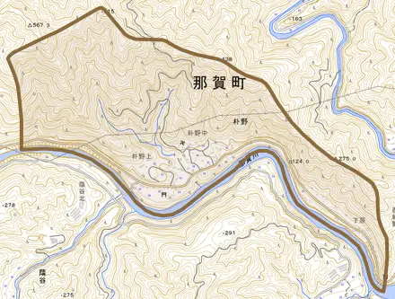 朴野とその周辺の地図。町の範囲を重ねている