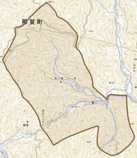 井ノ谷とその周辺の地図。町の範囲を重ねている
