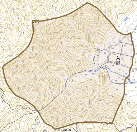 入野とその周辺の地図。町の範囲を重ねている