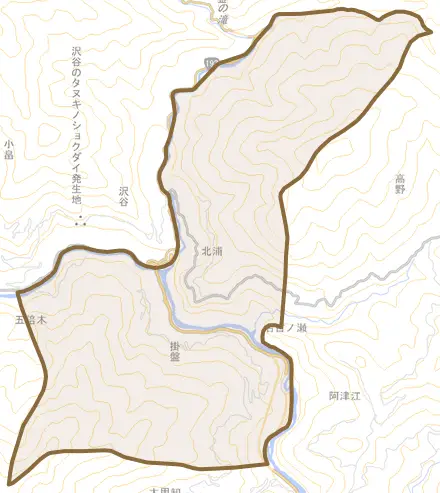 掛盤とその周辺の地図。町の範囲を重ねている