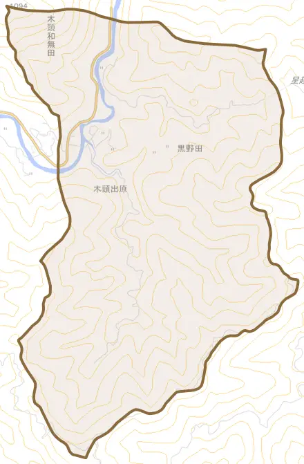 木頭出原とその周辺の地図。町の範囲を重ねている