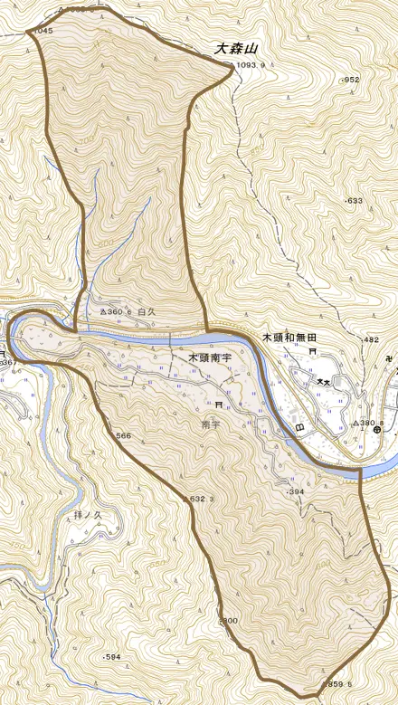 木頭南宇とその周辺の地図。町の範囲を重ねている