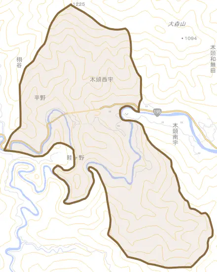 木頭西宇とその周辺の地図。町の範囲を重ねている