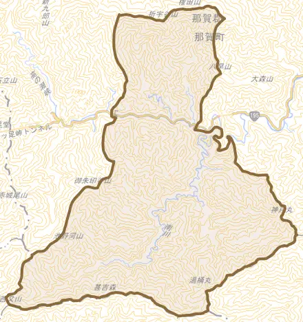 木頭折宇とその周辺の地図。町の範囲を重ねている