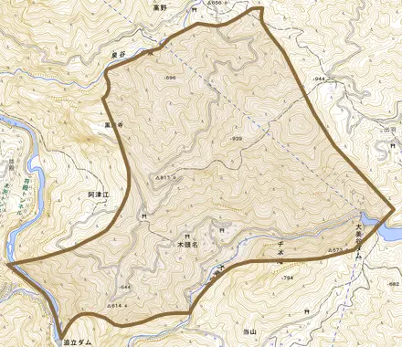 木頭名とその周辺の地図。町の範囲を重ねている