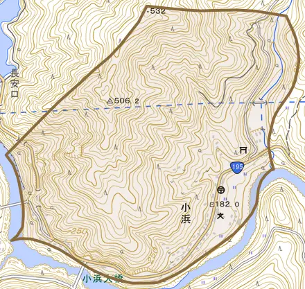 小浜とその周辺の地図。町の範囲を重ねている