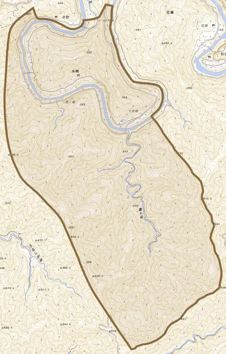 水崎とその周辺の地図。町の範囲を重ねている