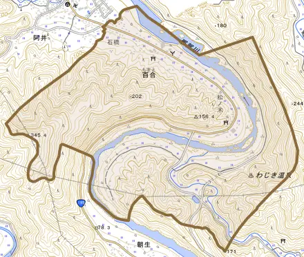 百合とその周辺の地図。町の範囲を重ねている