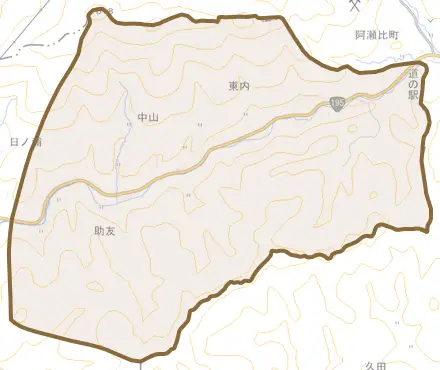 中山とその周辺の地図。町の範囲を重ねている