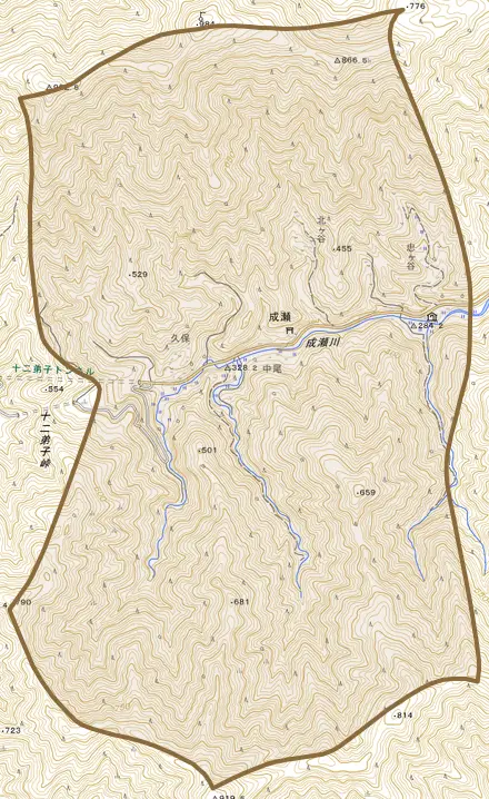 成瀬とその周辺の地図。町の範囲を重ねている