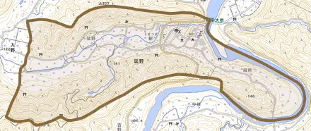 延野とその周辺の地図。町の範囲を重ねている