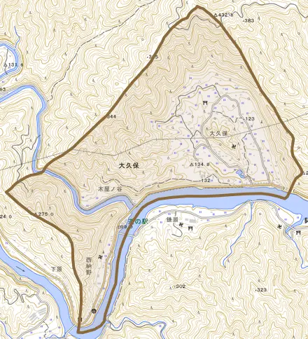 大久保とその周辺の地図。町の範囲を重ねている