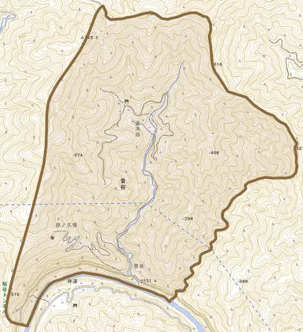 音谷とその周辺の地図。町の範囲を重ねている
