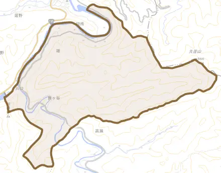 雄とその周辺の地図。町の範囲を重ねている