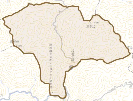 沢谷とその周辺の地図。町の範囲を重ねている