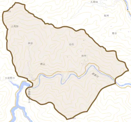白石とその周辺の地図。町の範囲を重ねている