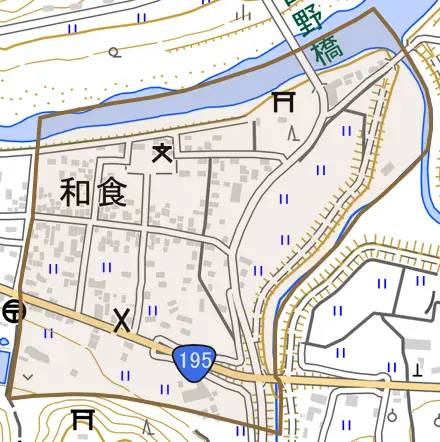 和食とその周辺の地図。町の範囲を重ねている