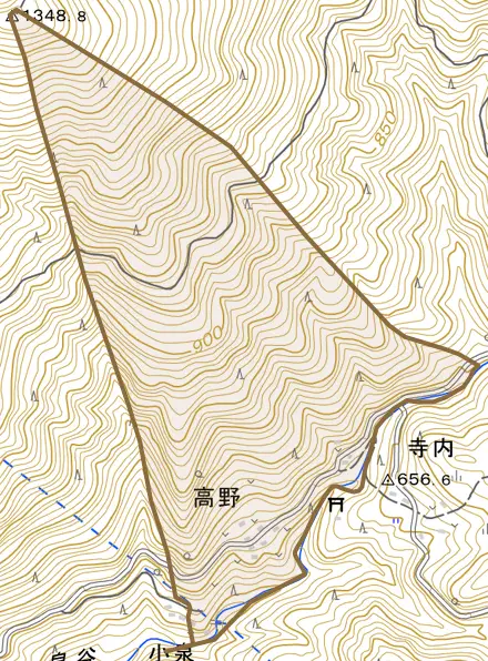 高野とその周辺の地図。町の範囲を重ねている