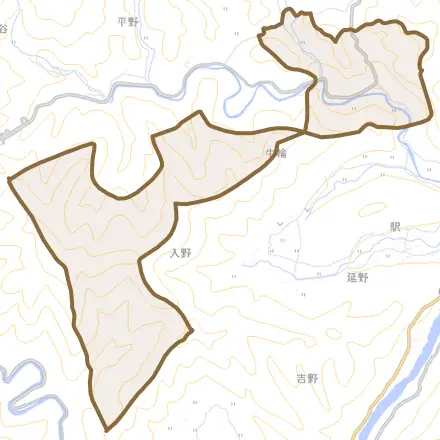谷内とその周辺の地図。町の範囲を重ねている