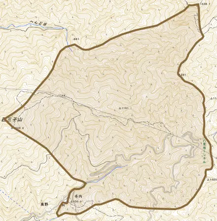 寺内とその周辺の地図。町の範囲を重ねている