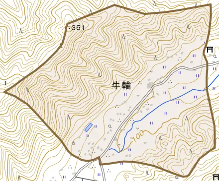 牛輪とその周辺の地図。町の範囲を重ねている