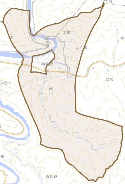 和食郷とその周辺の地図。町の範囲を重ねている
