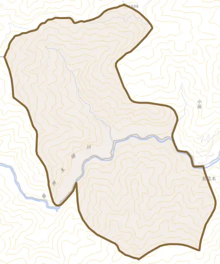横谷とその周辺の地図。町の範囲を重ねている