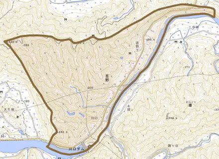 吉野とその周辺の地図。町の範囲を重ねている