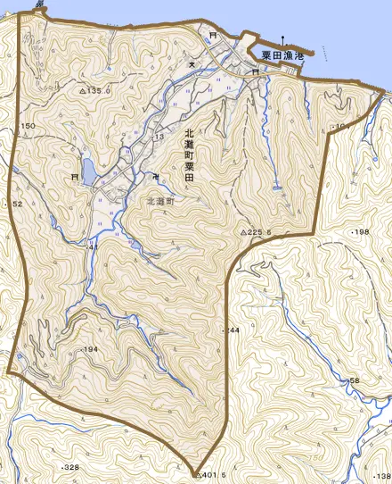 北灘町粟田とその周辺の地図。町の範囲を重ねている