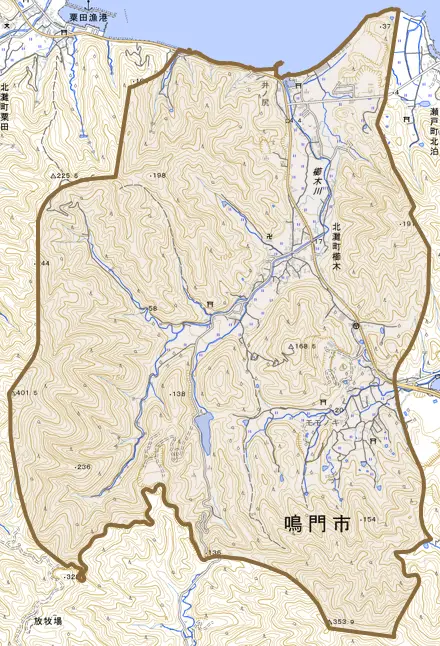 北灘町櫛木とその周辺の地図。町の範囲を重ねている