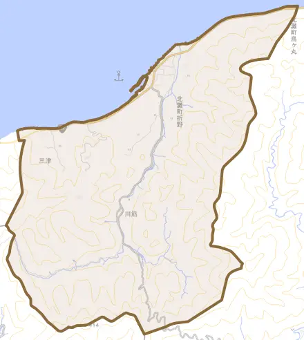 北灘町折野とその周辺の地図。町の範囲を重ねている