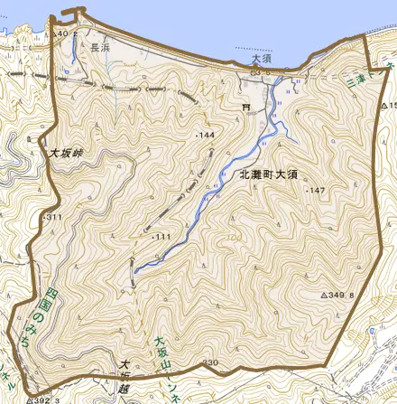 北灘町大須とその周辺の地図。町の範囲を重ねている