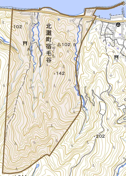 北灘町宿毛谷とその周辺の地図。町の範囲を重ねている