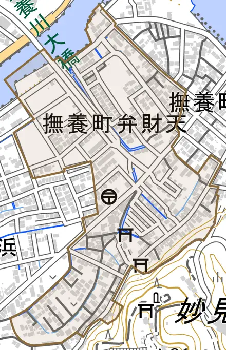 撫養町弁財天とその周辺の地図。町の範囲を重ねている